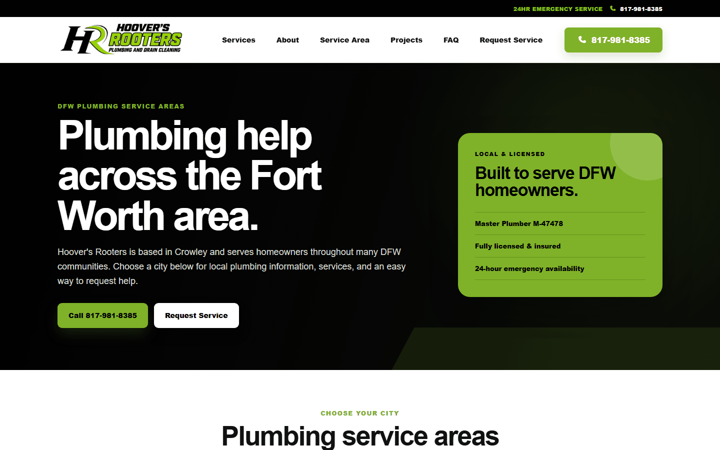 Hoover's Rooters service area website page